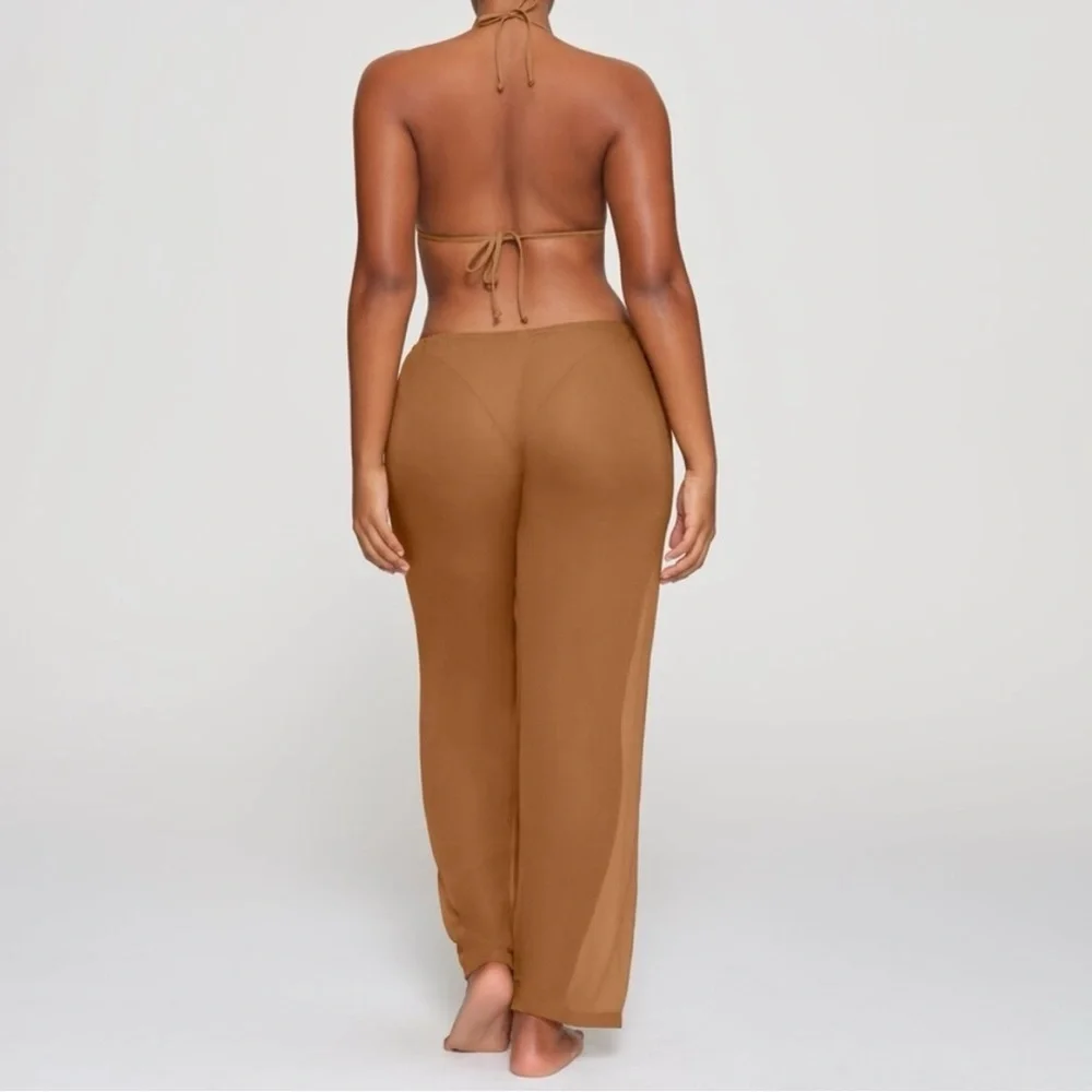 SKIMS 3X Swimwear Crinkle Silk Coverup Pants in Almond Color Sheer Pullon lounge